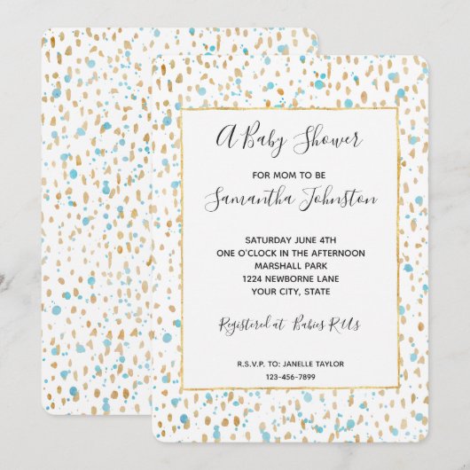 Ocean Blue Gold Confetti Stippen Baby shower Kaart (Voorkant / Achterkant)
