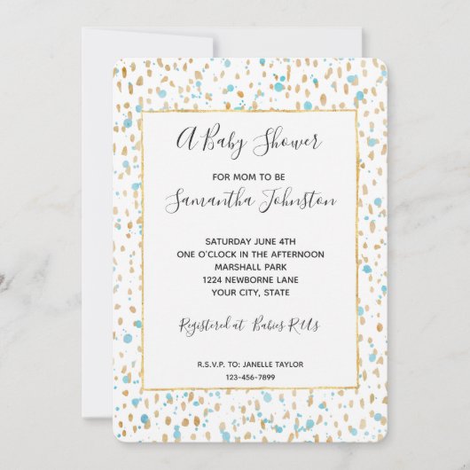 Ocean Blue Gold Confetti Stippen Baby shower Kaart (Voorkant)