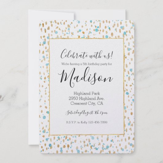 Ocean Blue Gold Confetti Stippen Waterverf Verjaar Kaart (Voorkant)