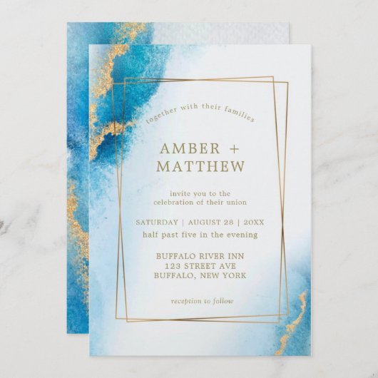 Ocean Blue Gold Glitter Agate Wedding Invitations (Voorkant / Achterkant)