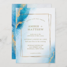 Ocean Blue Gold Glitter Agate Wedding Invitations