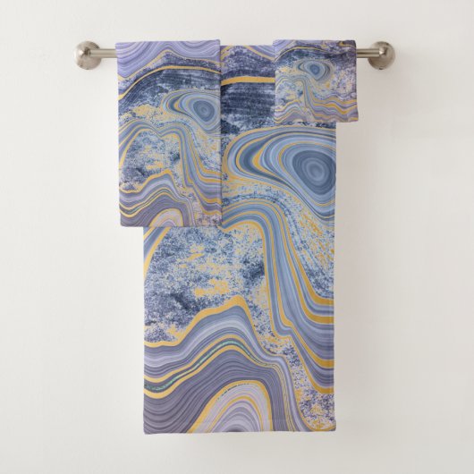 OCEAN BLUE GOLD MARBLE SWIRL TOWEL SET BAD HANDDOEK (Insitu)