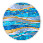 Ocean Blue Gold Metallic Wavy Abstract Keramische Knop (Voorkant)