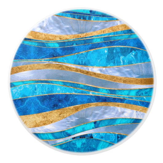 Ocean Blue Gold Metallic Wavy Abstract Keramische Knop (Voorkant)