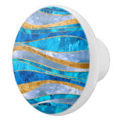 Ocean Blue Gold Metallic Wavy Abstract Keramische Knop (Rechts)