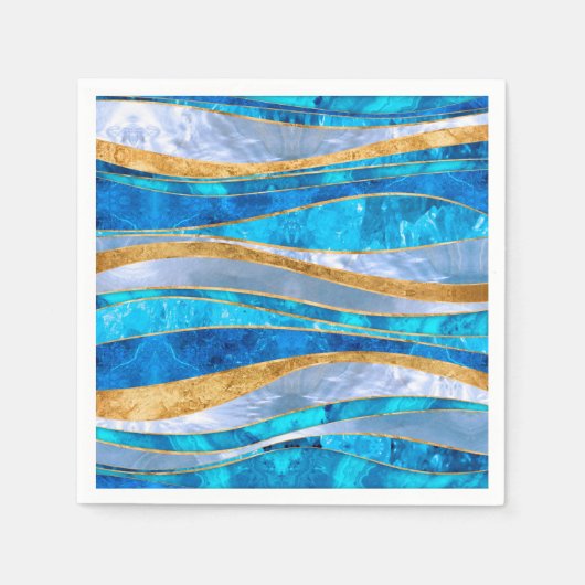 Ocean Blue Gold Metallic Wavy Abstract Servet (Voorkant)