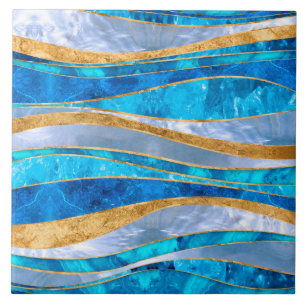 Ocean Blue Gold Metallic Wavy Abstract Tegeltje