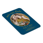 Ocean Blue & Gold Moderne Ronde Foto Save the Date Magneet (Rechterzijde)