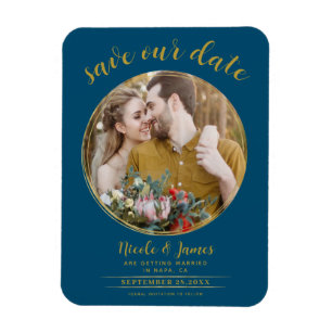 Ocean Blue & Gold Moderne Ronde Foto Save the Date Magneet