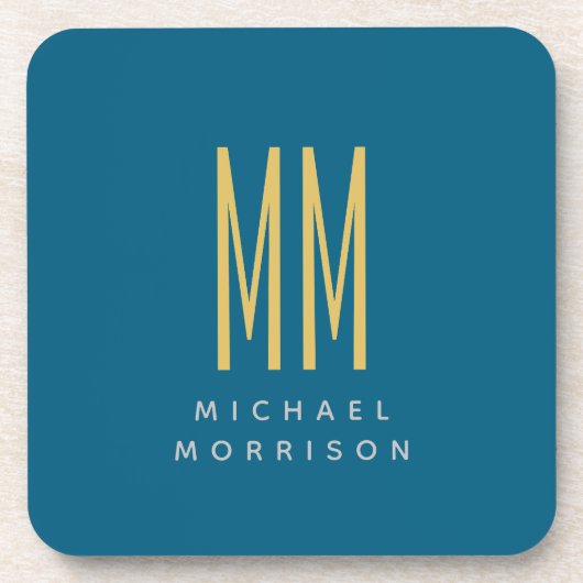 Ocean Blue Gold Monogram Initiaal Letters Naam Bier Onderzetter (Voorkant)