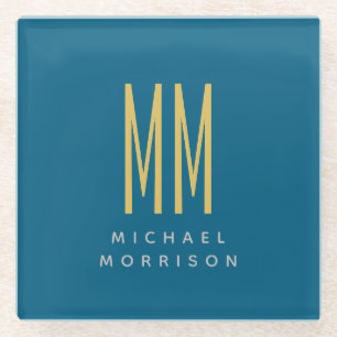 Ocean Blue Gold Monogram Initiaal Letters Naam Glazen Onderzetter