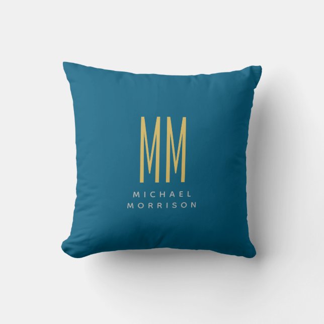 Ocean Blue Gold Monogram Initiaal Letters Naam Kussen (Voorkant)
