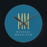 Ocean Blue Gold Monogram Initiaal Letters Naam Ronde Klok<br><div class="desc">Vertegenwoordig jezelf met dit moderne, elegante design. Deze sjabloon kan worden aangepast aan alle professionele beroepen.</div>