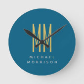 Ocean Blue Gold Monogram Initiaal Letters Naam Ronde Klok (Voorkant)