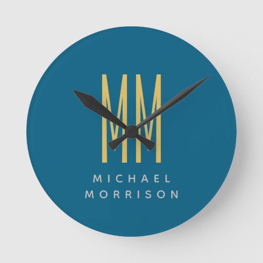 Ocean Blue Gold Monogram Initiaal Letters Naam Ronde Klok (Voorkant)