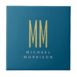 Ocean Blue Gold Monogram Initiaal Letters Naam Tegeltje<br><div class="desc">Vertegenwoordig jezelf met dit moderne, elegante design. Deze sjabloon kan worden aangepast aan alle professionele beroepen.</div>