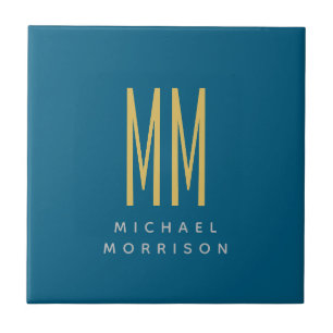 Ocean Blue Gold Monogram Initiaal Letters Naam Tegeltje