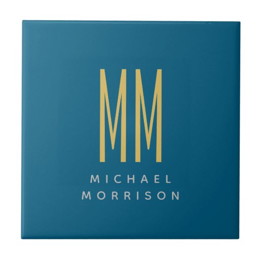 Ocean Blue Gold Monogram Initiaal Letters Naam Tegeltje (Voorkant)