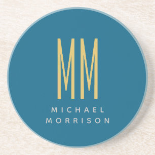 Ocean Blue Gold Monogram Initiaal Letters Naam Zandsteen Onderzetter