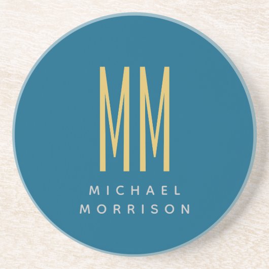 Ocean Blue Gold Monogram Initiaal Letters Naam Zandsteen Onderzetter (Voorkant)