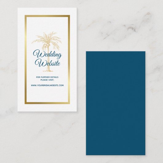 Ocean Blue Gold Palm Tree Beach Wedding Website Informatiekaartje (Voorkant / Achterkant)