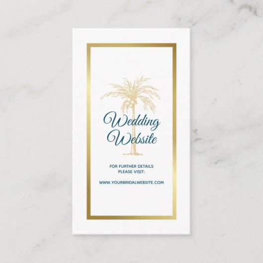 Ocean Blue Gold Palm Tree Beach Wedding Website Informatiekaartje (Voorkant)