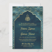Ocean Blue Goud Marokkaanse Arch Moslim Bruiloft Kaart (Voorkant)