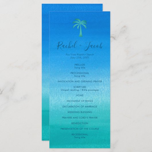 Ocean Blue Green Beach Tropical Palm Tree Wedding Programmakaart (Voorkant / Achterkant)