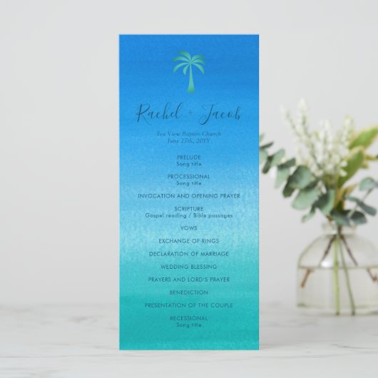 Ocean Blue Green Beach Tropical Palm Tree Wedding Programmakaart (Staand voorkant)