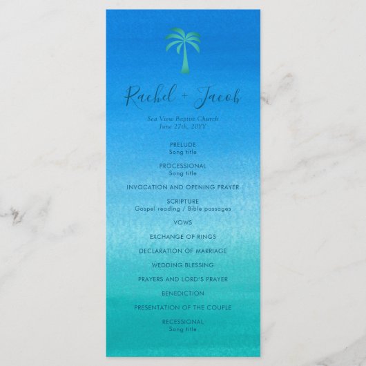 Ocean Blue Green Beach Tropical Palm Tree Wedding Programmakaart (Voorkant)