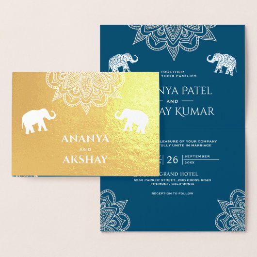 Ocean Blue Henna Olifant Indische Bruiloft Goud Folie Kaarten (Display)