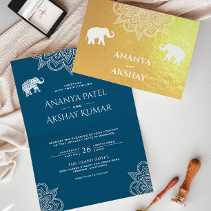 Ocean Blue Henna Olifant Indische Bruiloft Goud Folie Kaarten