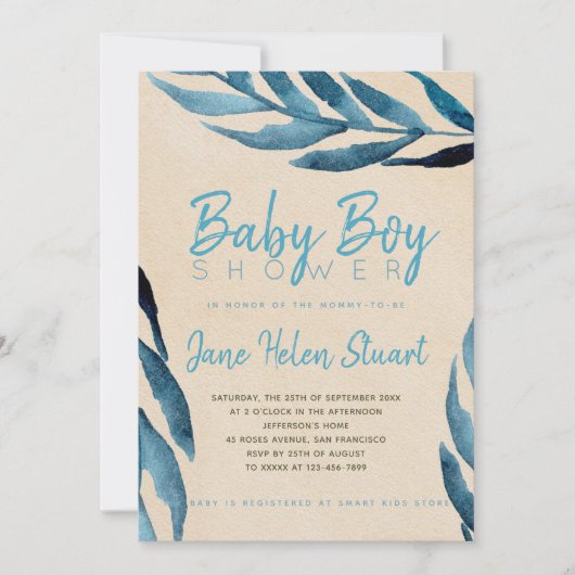 Ocean Blue laurier gebladerte baby boy douche uitn Kaart (Voorkant)