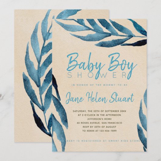 Ocean Blue laurier gebladerte baby boy douche uitn Kaart (Voorkant / Achterkant)