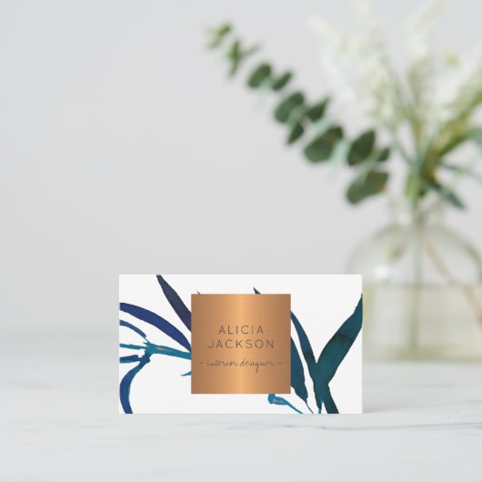 Ocean blue leaf glazen koper chic interior designe visitekaartje (Staand voorkant)