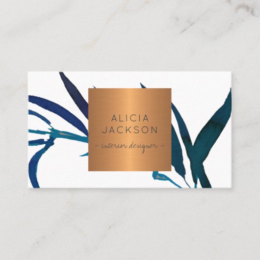Ocean blue leaf glazen koper chic interior designe visitekaartje (Voorkant)