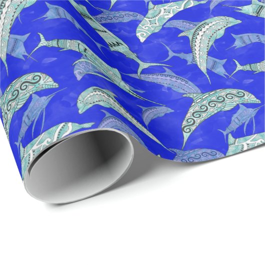 Ocean Blue Marine Animals Dolphins Marlins Cadeaupapier (Rol Hoek)