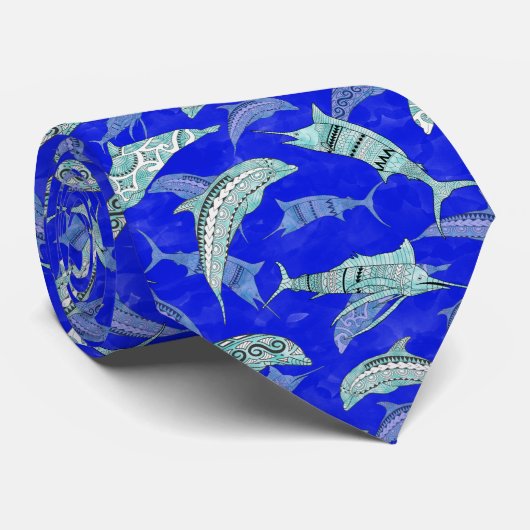 Ocean Blue Marine Animals Dolphins Marlins Stropdas (Opgerold)