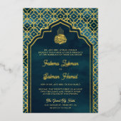 Ocean Blue Marokkaanse Arch Moslim Bruiloft Goud Folie Uitnodiging (Voorkant)