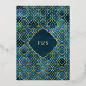 Ocean Blue Marokkaanse Arch Moslim Bruiloft Goud Folie Uitnodiging (Achterkant)