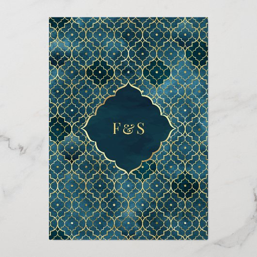 Ocean Blue Marokkaanse Arch Moslim Bruiloft Goud Folie Uitnodiging (Achterkant)