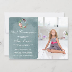Ocean Blue Marsala Bloemen Eerste Communie Kaart