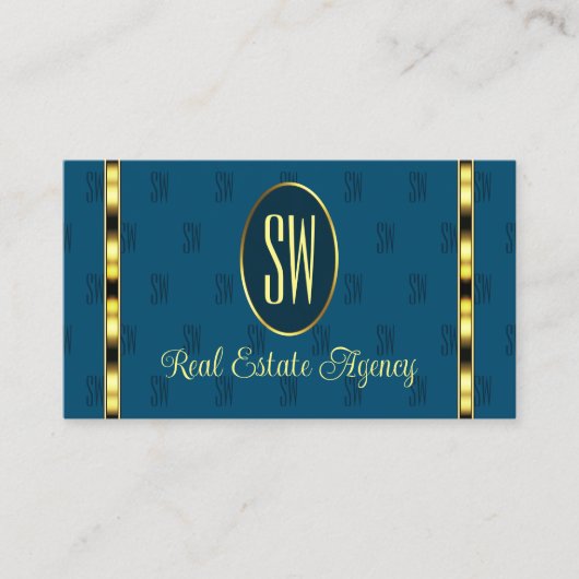 Ocean Blue met Monogram Patterned Letters Modern Visitekaartje (Voorkant)