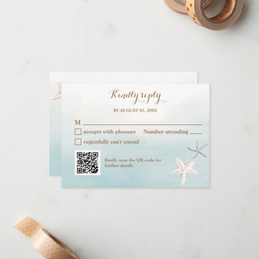 Ocean Blue met QR Code Weddenschap Small RSVP Notitiekaartje (Voorkant / Achterkant in situ)