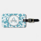 Ocean Blue Monogrammed Damask Print Bagagelabel (Voorkant horizontaal)