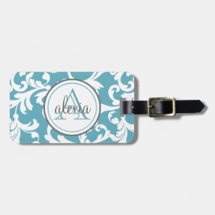 Ocean Blue Monogrammed Damask Print Bagagelabel