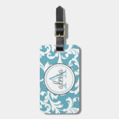 Ocean Blue Monogrammed Damask Print Bagagelabel (Voorkant verticaal)