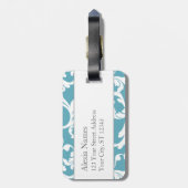 Ocean Blue Monogrammed Damask Print Bagagelabel (Achterkant verticaal)