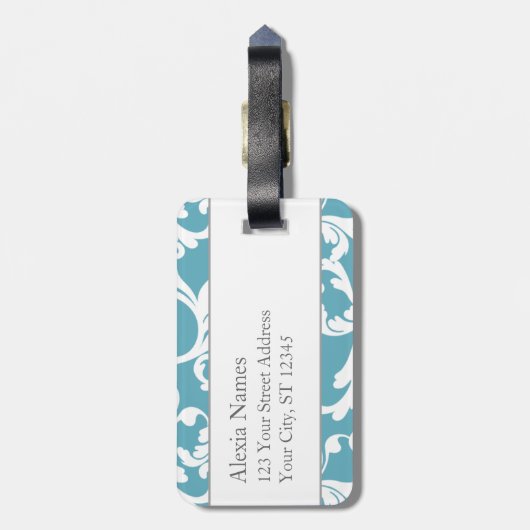 Ocean Blue Monogrammed Damask Print Bagagelabel (Achterkant verticaal)