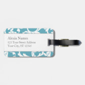 Ocean Blue Monogrammed Damask Print Bagagelabel (Achterkant horizontaal)